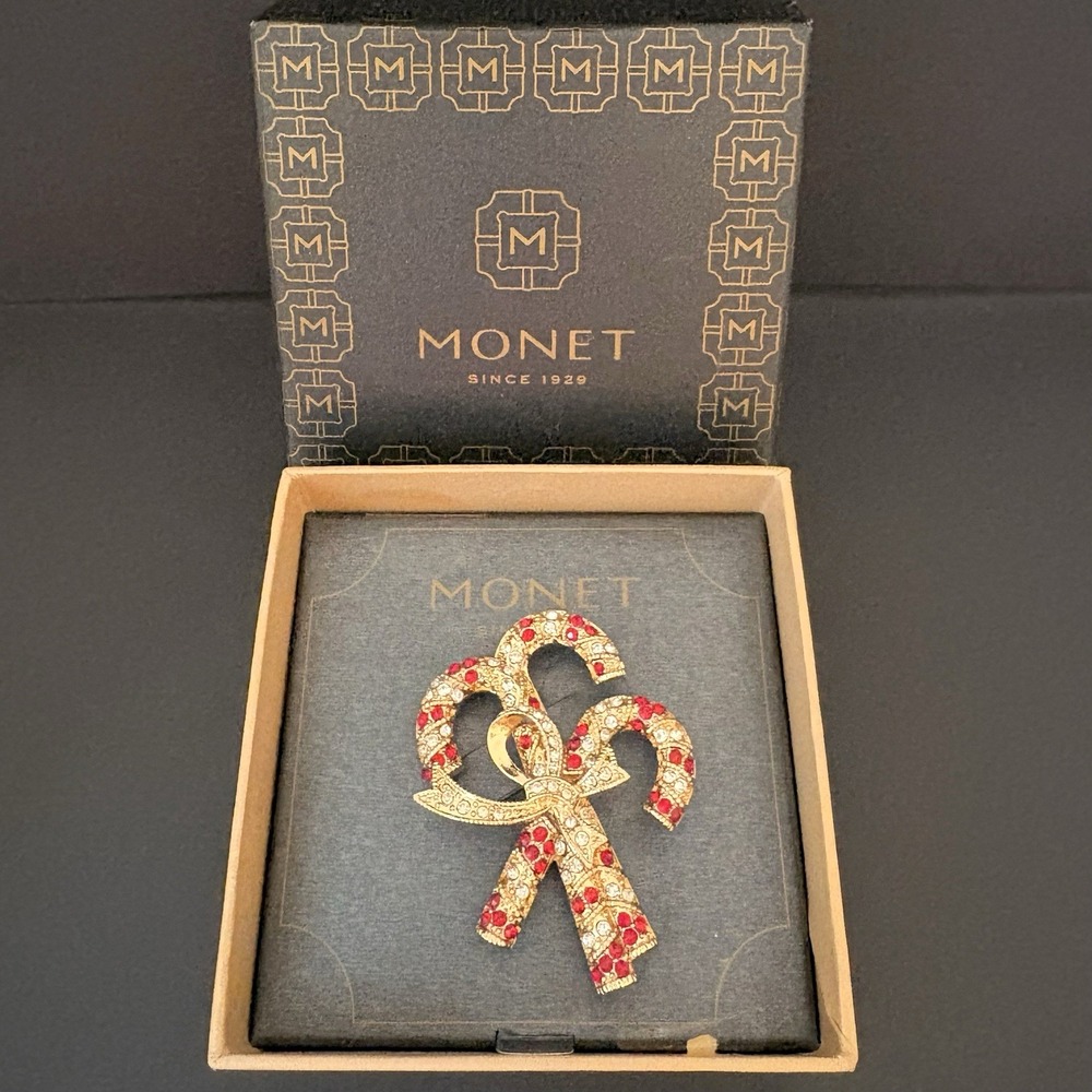 Monet Candy Cane Bow Brooch Christmas Pin Red Rhinestones Gold Tone w/ Box